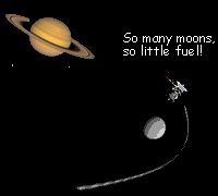 Cassini tries to visit all the moons possible Cassini flies around Rhea, complaining, 'So many moons, so little fuel!'
