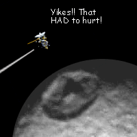 Whatever made Crater Herschel sure made a big impact on Mimas! Cassini looks into Crater Herschel and says, 'Yikes!! That HAD to hurt!'